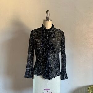 Vintage Harold's Black Sheer Silk Polka Dot Ruffle Blouse 90s Y2K Romantic Top